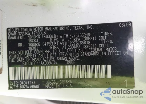 2010 Toyota Tundra Grade 5.7L V8 from USA, damaged, VIN 5TFUY5F11AX099735